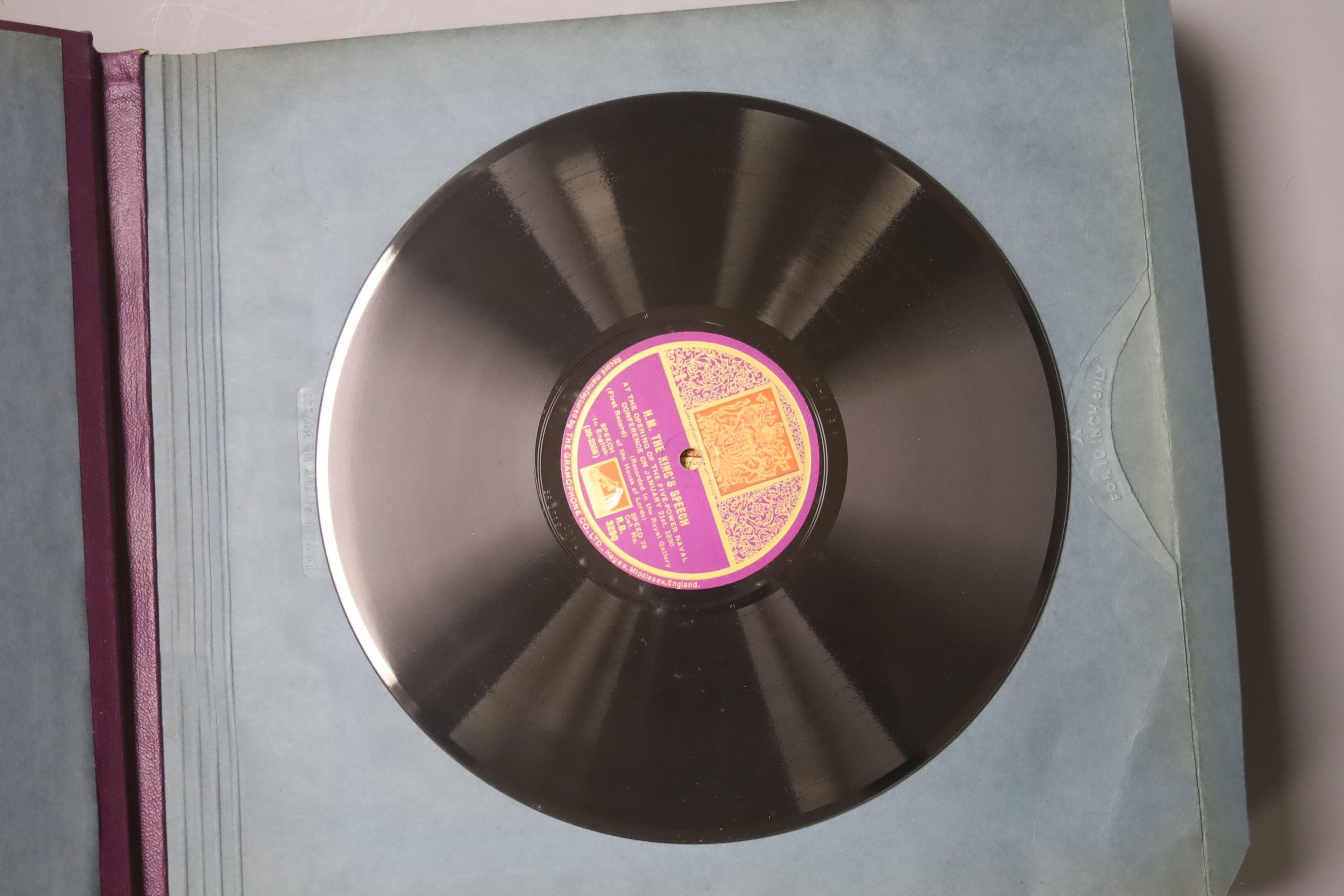 An album of thirteen 78rpm vinyl records, 'The Recorded Speeches Of King George V', HMV, 1930's